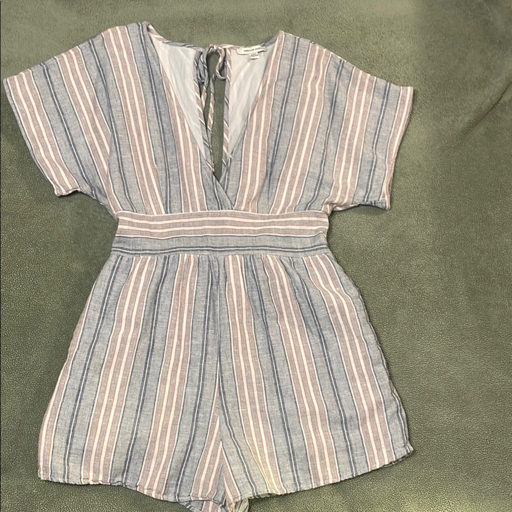 American Eagle Medium size Romper with pockets - blue/tan/white striped w/ties